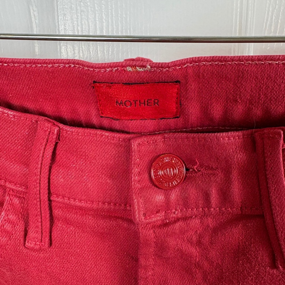 Mother The Hustler Ankle Fray Jeans 27 Red High-Rise Flare Raw Hem Coated Denim - Picture 2 of 10